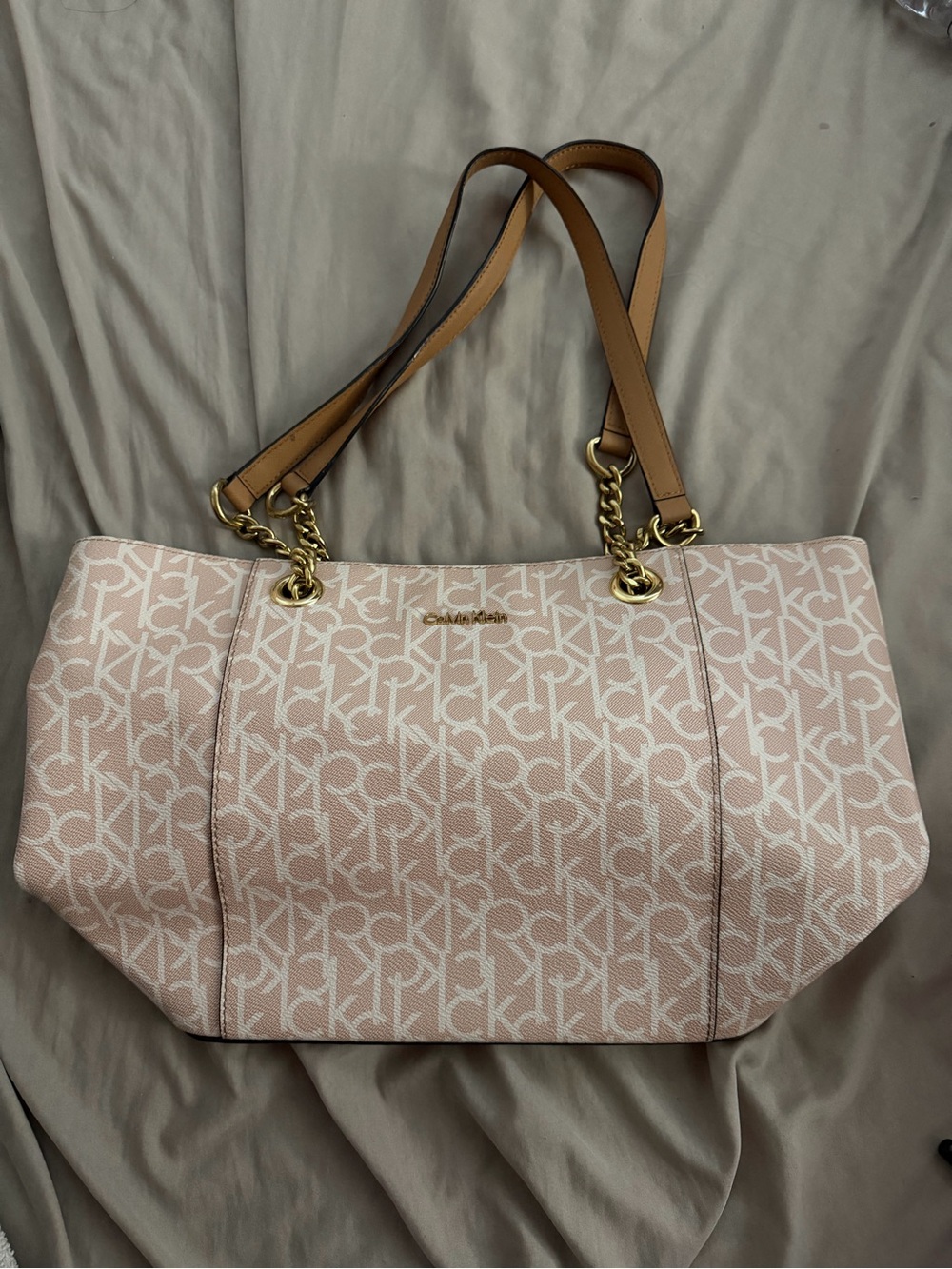 Calvin Klein Light Pink Logo Jacquard Tote with Tan Straps